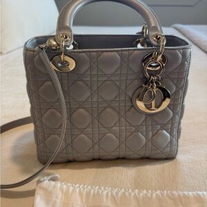 Dior LADY DIOR Medium Metallic Gray Quilted Bag - Authentic